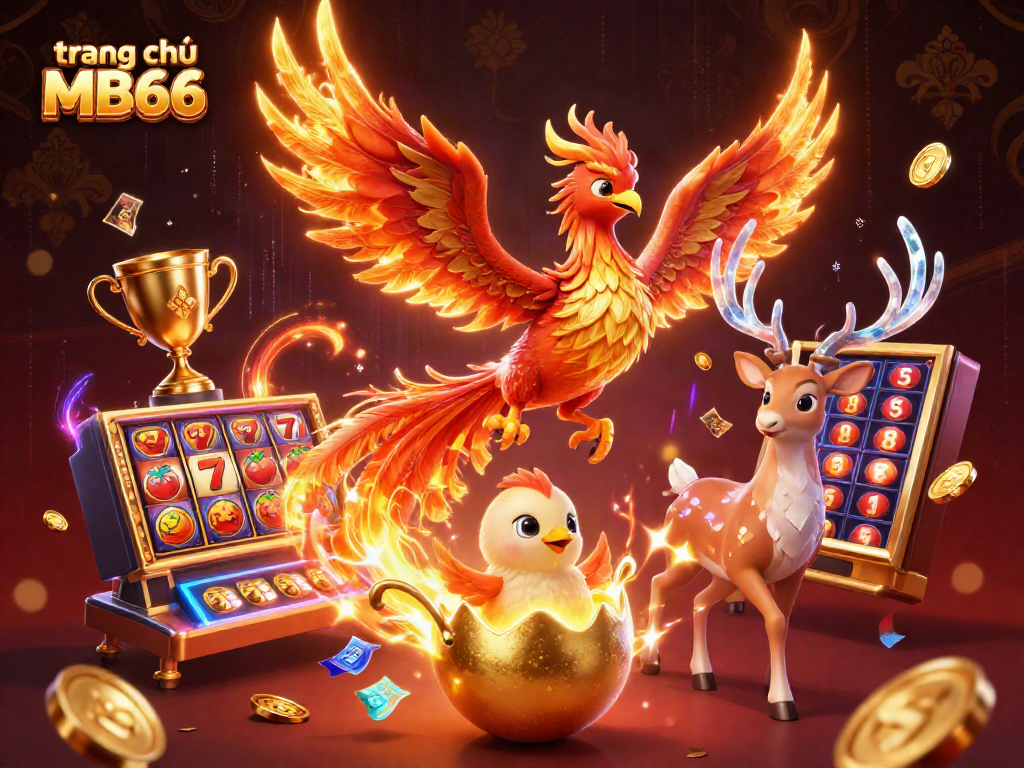 Experience dynamic gameplay at trang chủ MB66 with an illustration featuring a fiery phoenix and slots elements.