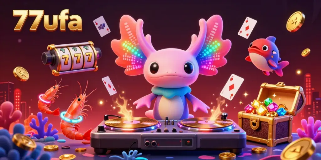 Experience the vibrant gaming atmosphere at 77ufa with dynamic characters and casino elements in a colorful underwater scene.
