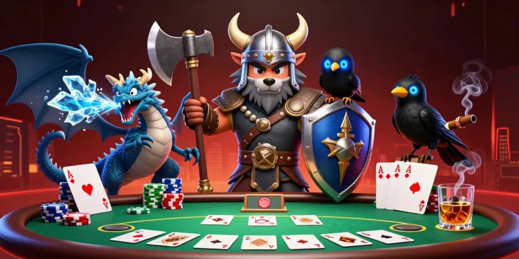 Experience thrilling moments at Jun88 with a Viking warrior, dragon, and poker action in a vibrant casino scene.