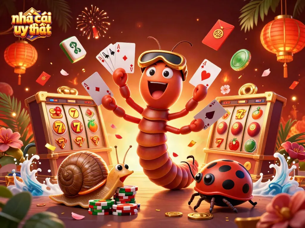 Engage with nhà cái uy tín featuring a millipede dealer and exciting slot game elements in vibrant 3D art.