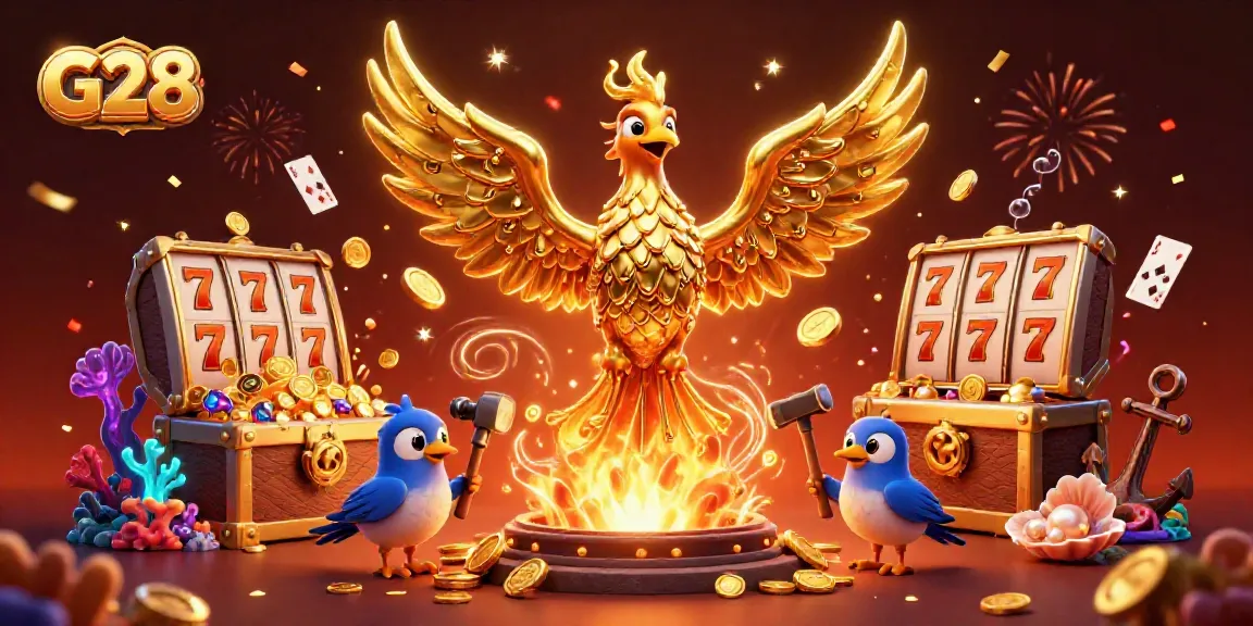 Experience the thrill of G28 with a stunning golden phoenix and colorful slot elements in an energetic casino scene.
