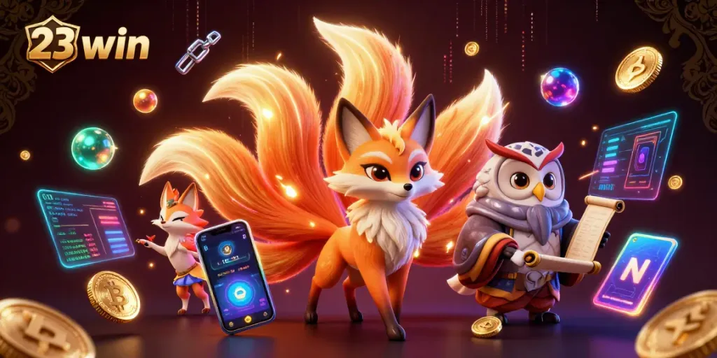 Experience the thrill of 23win with a vibrant casino spirit scene showcasing enchanting characters and glowing crypto elements.