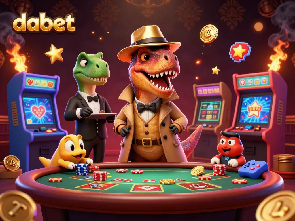 dabet brings excitement at a blackjack table with cartoon velociraptor card counters and glowing gaming machines.
