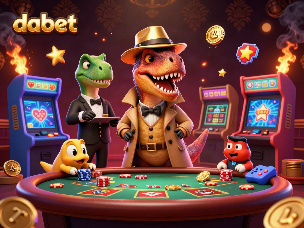 dabet brings excitement at a blackjack table with cartoon velociraptor card counters and glowing gaming machines.