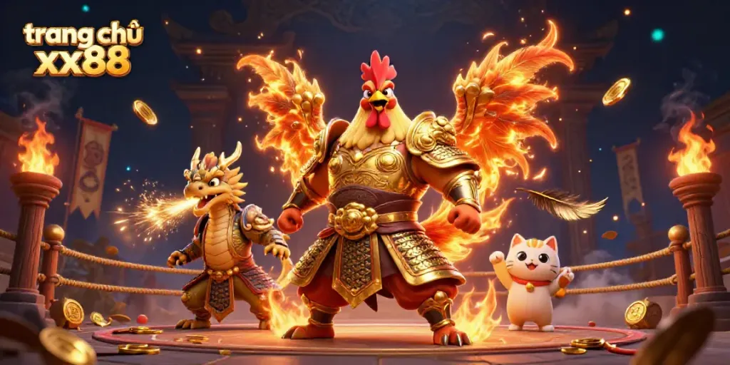 Experience the dynamic gaming atmosphere at trang chủ xx88 with this 3D illustration featuring a samurai rooster warrior, dragon hatchling, and fortune cat.