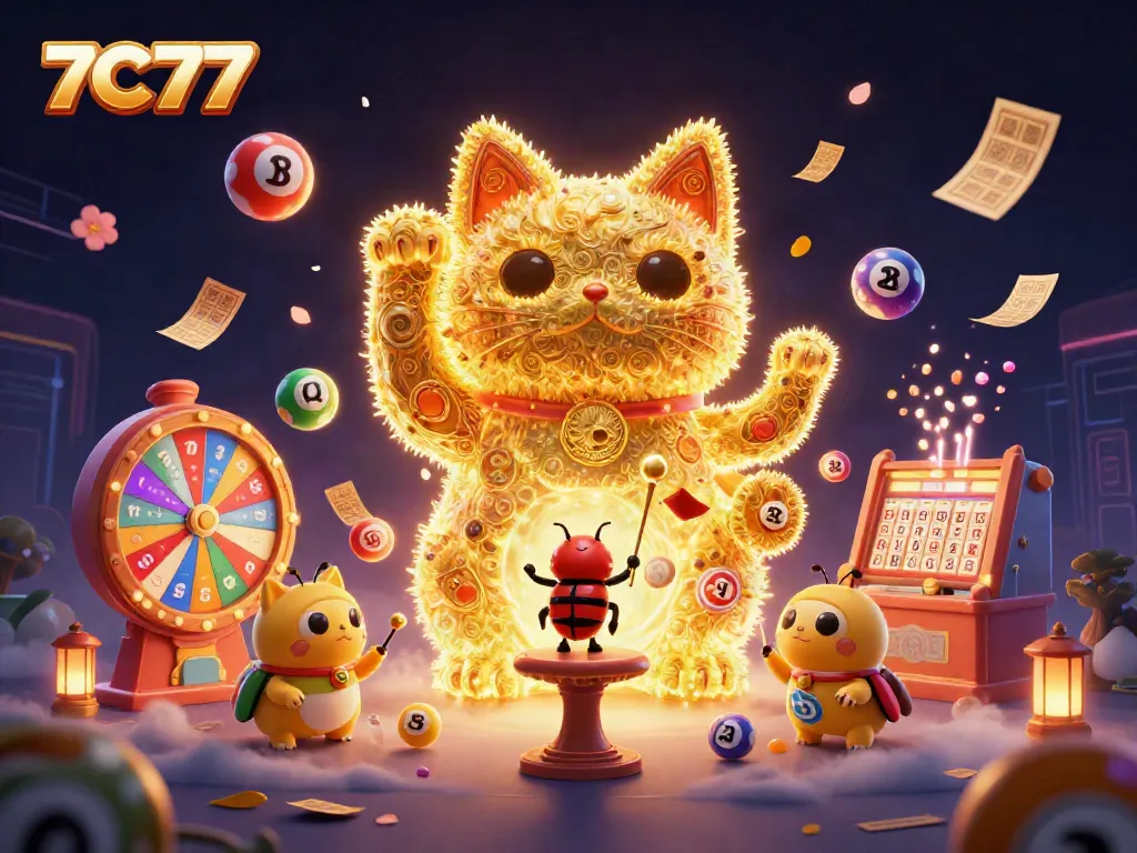 Experience 7C77’s vibrant casino world with a lucky cat illustration surrounded by dynamic gaming elements.