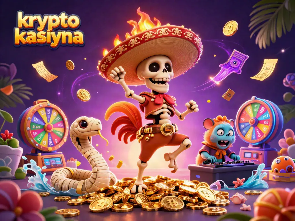 Experience thrilling action at krypto kasyna with dynamic characters celebrating over gold coins and blockchain elements.