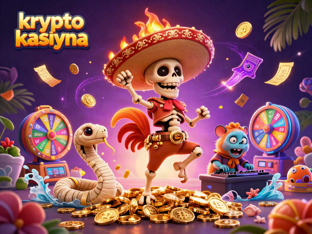Experience thrilling action at krypto kasyna with dynamic characters celebrating over gold coins and blockchain elements.