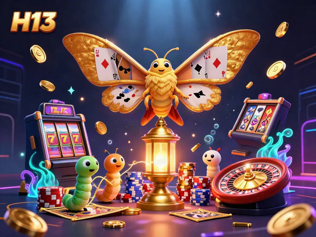 Spin the H13 slots as golden coins and gems cascade in this vibrant casino scene filled with excitement.