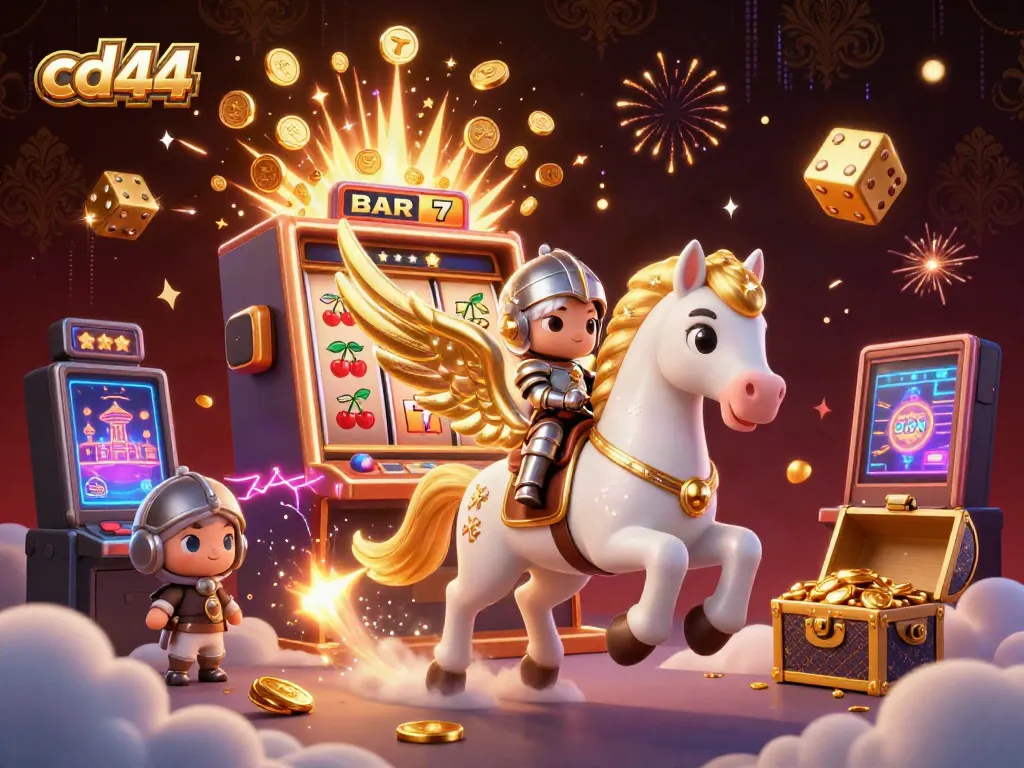 Experience thrilling wins at cd44 with 3D characters and vibrant casino elements in this exciting illustration.