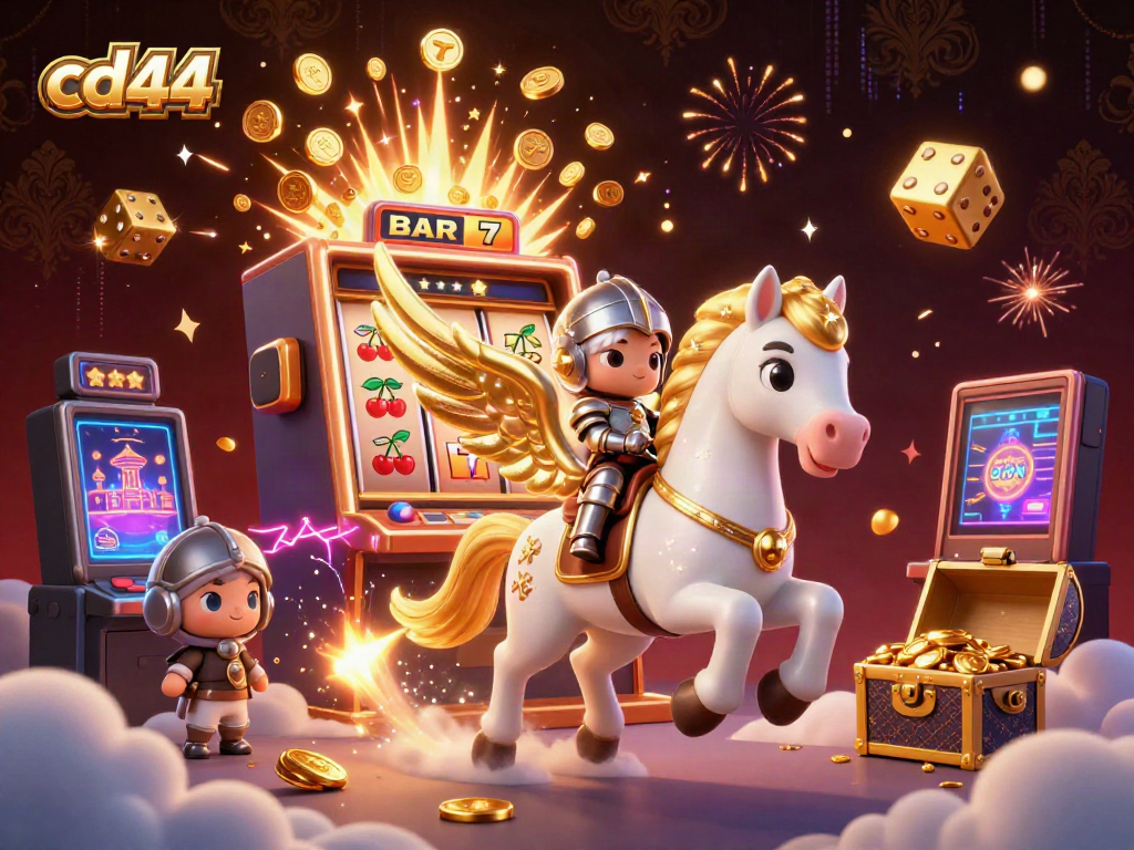 Experience thrilling wins at cd44 with 3D characters and vibrant casino elements in this exciting illustration.