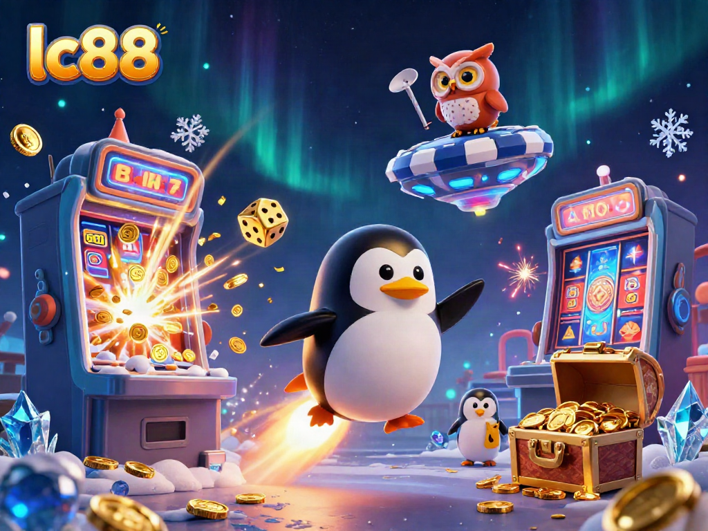 Experience the exhilarating lc88 casino universe with a golden penguin and vibrant gaming elements.