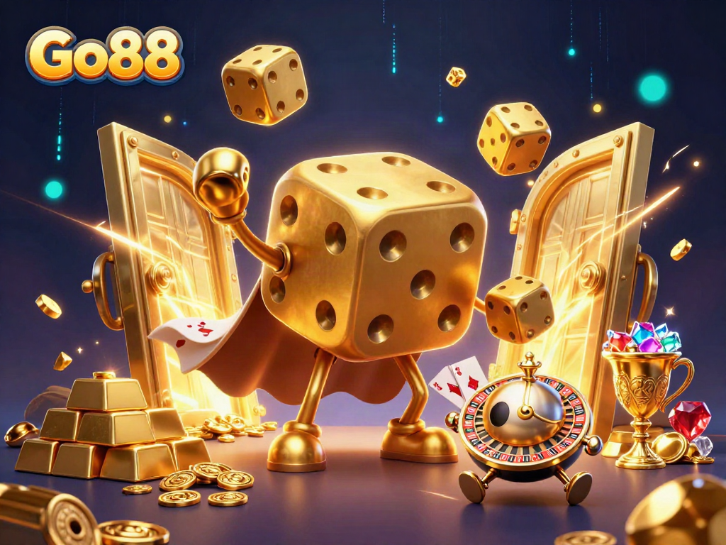 Engage with Go88 in a dynamic 3D casino scene featuring golden dice characters, treasures, and vibrant effects.
