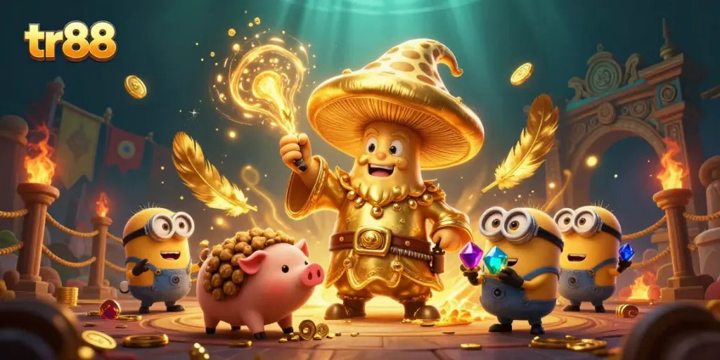 Spin to win in tr88, with golden wizard and treasures in a magical gambling scene.