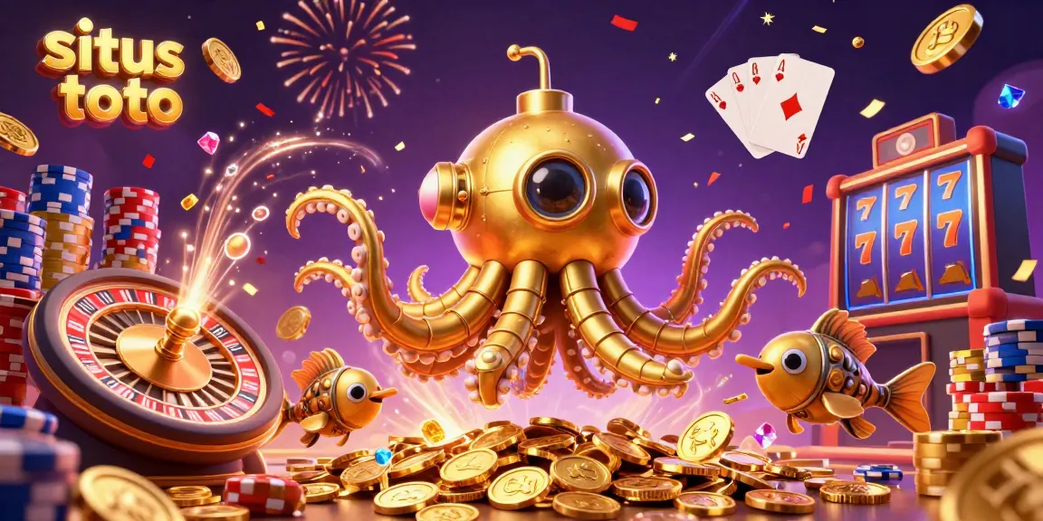 Experience the thrill of situs toto as a golden kraken submarine surfaces through coins, surrounded by dynamic casino elements.