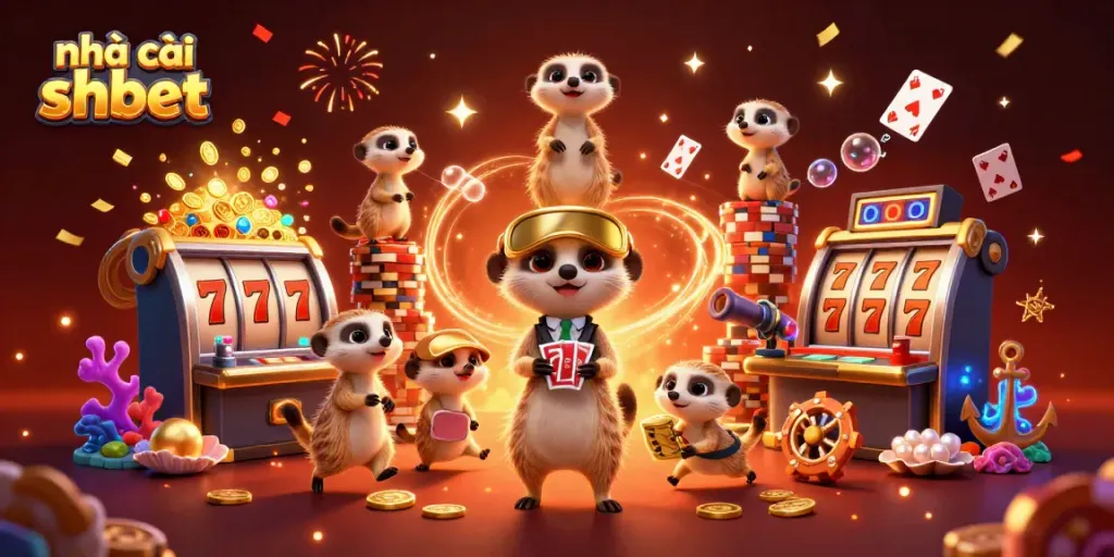 Experience the thrill of nhà cái shbet as meerkats run a vibrant casino with gold coins and festive elements.