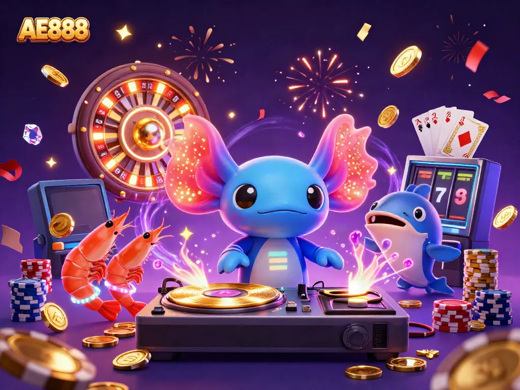 Celebrate winnings and fun at AE888 with vibrant casino characters and dazzling game elements