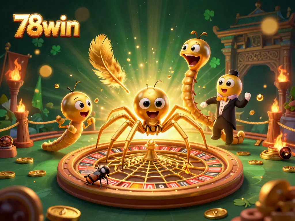 Place bets at 78win's dynamic casino with a golden spider and centipede croupier in an enchanting scene.