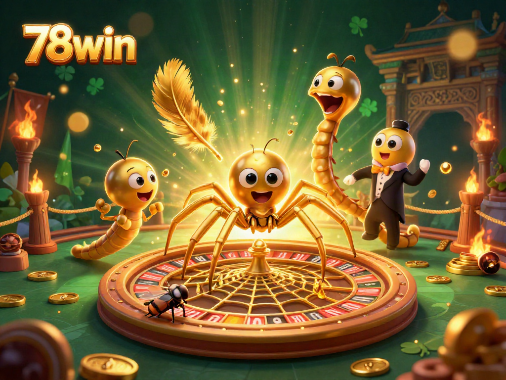 Place bets at 78win's dynamic casino with a golden spider and centipede croupier in an enchanting scene.