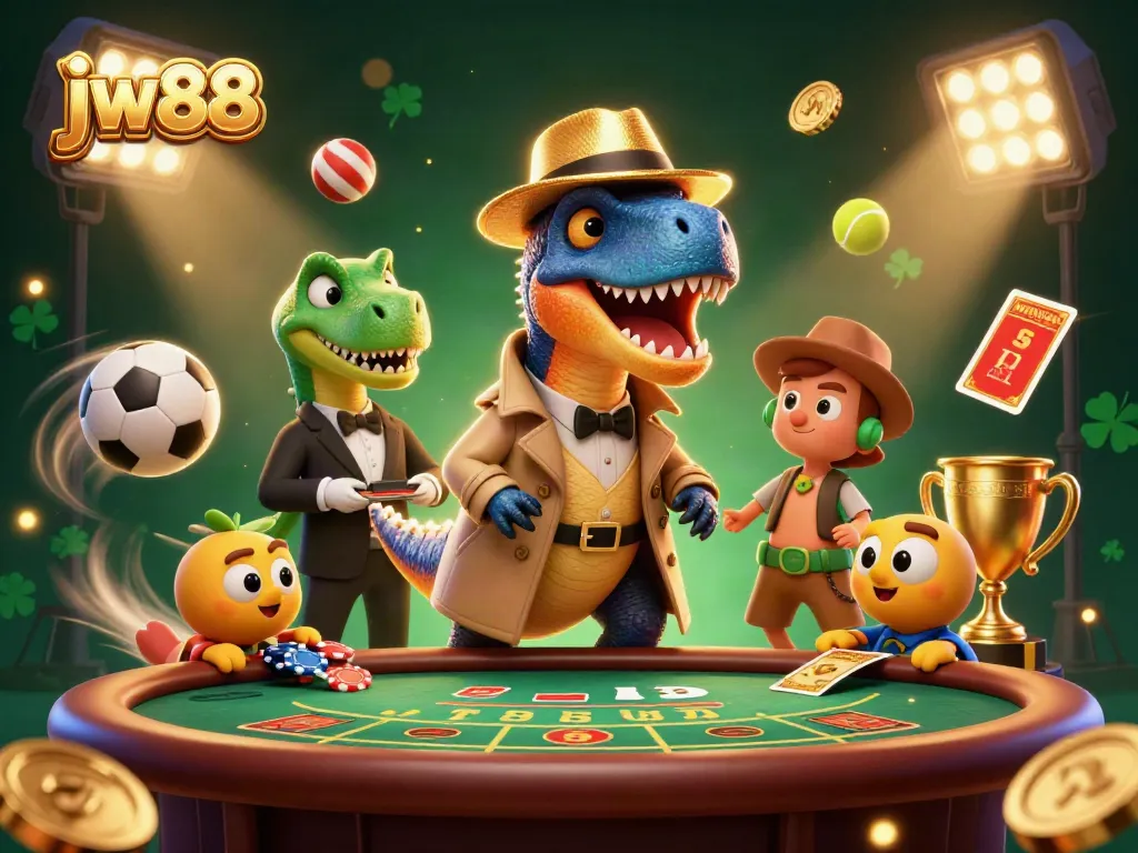 Engage with jw88 in a lively 3D illustration featuring a velociraptor card counter and vibrant casino elements.