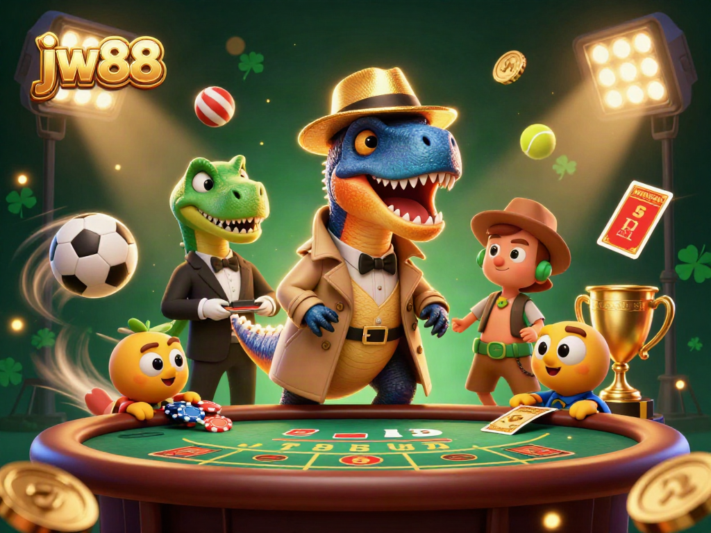 Engage with jw88 in a lively 3D illustration featuring a velociraptor card counter and vibrant casino elements.