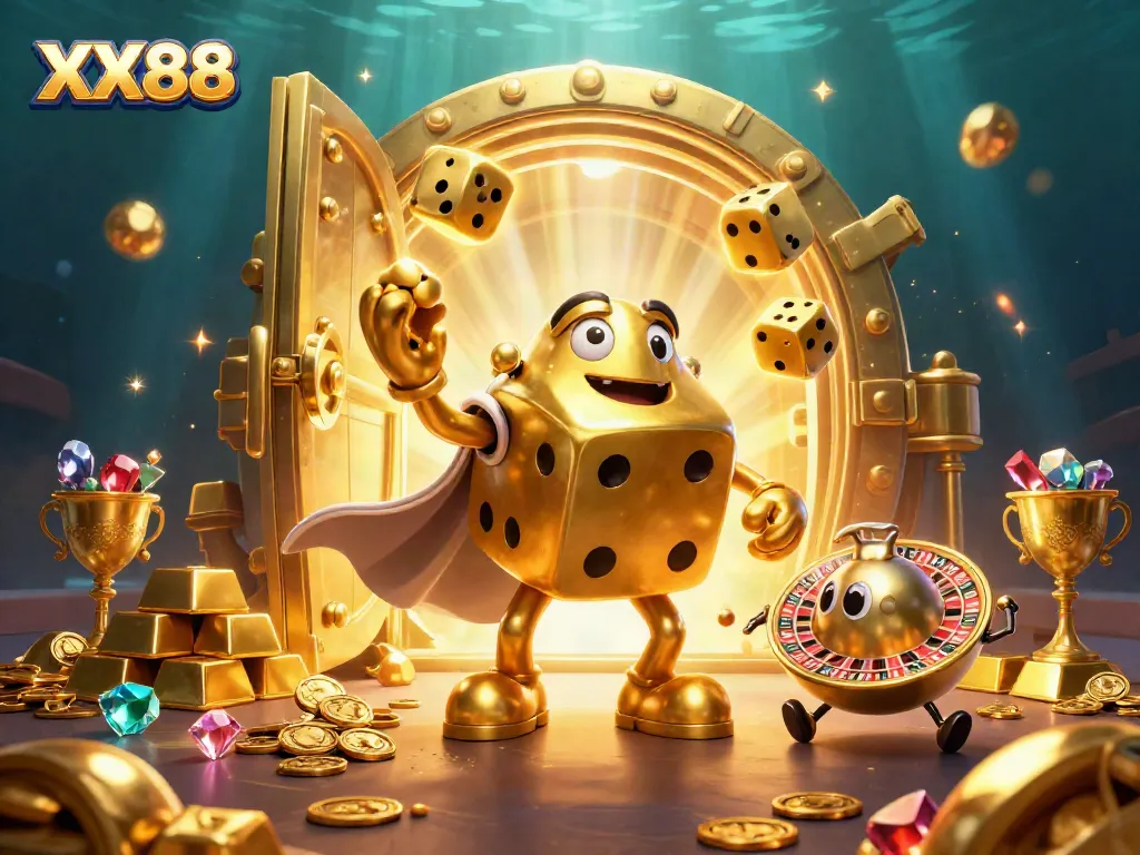 Experience the excitement of XX88 gambling with golden dice, jewels, and dynamic casino elements
