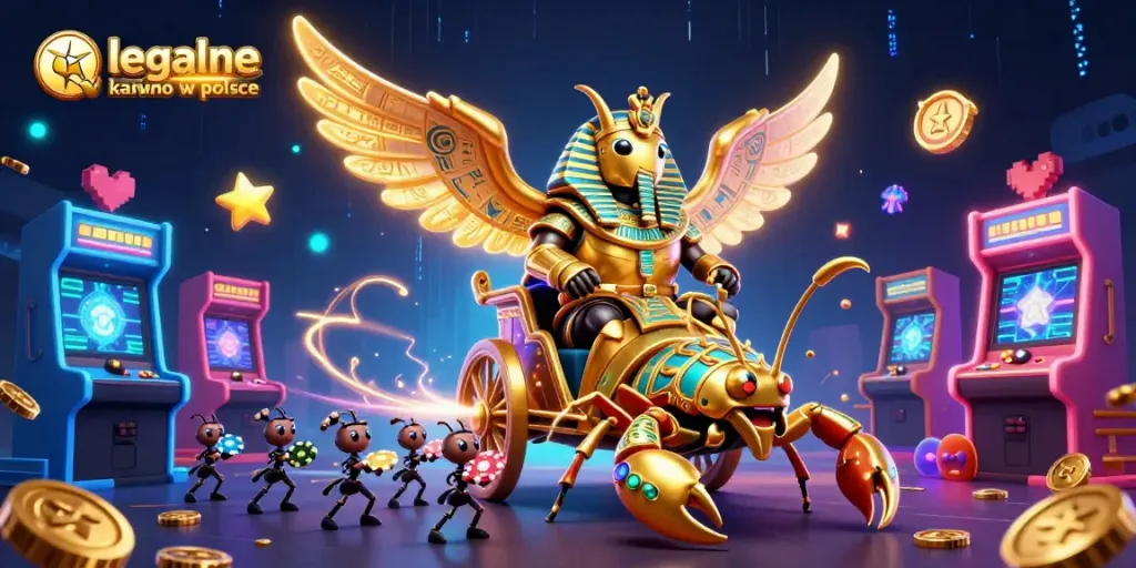 Experience thrilling action at legalne kasyno online w polsce with a vibrant scene of a golden scarab beetle and colorful gaming elements.