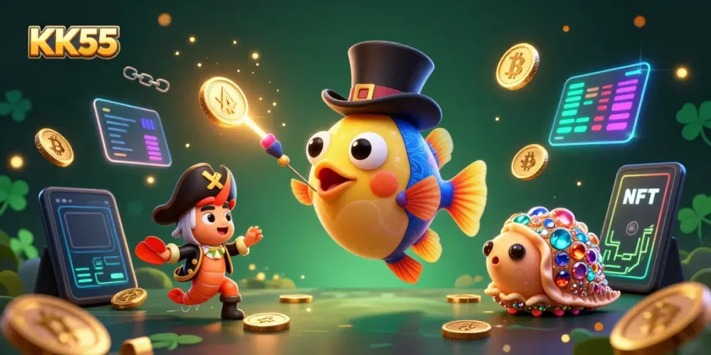 Witness KK55's thrilling adventure with a glowing anglerfish, pirate shrimp, and treasure snail in a vibrant underwater casino.