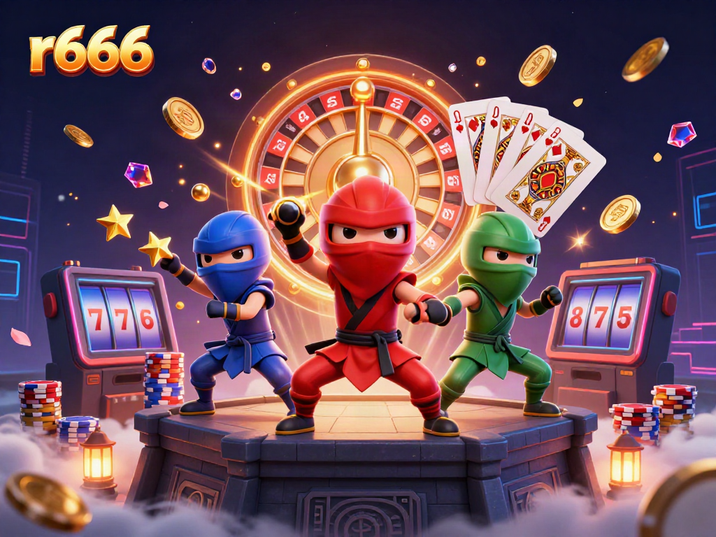 Experience thrilling r666 gameplay as chameleon ninjas celebrate in a vibrant casino scene.
