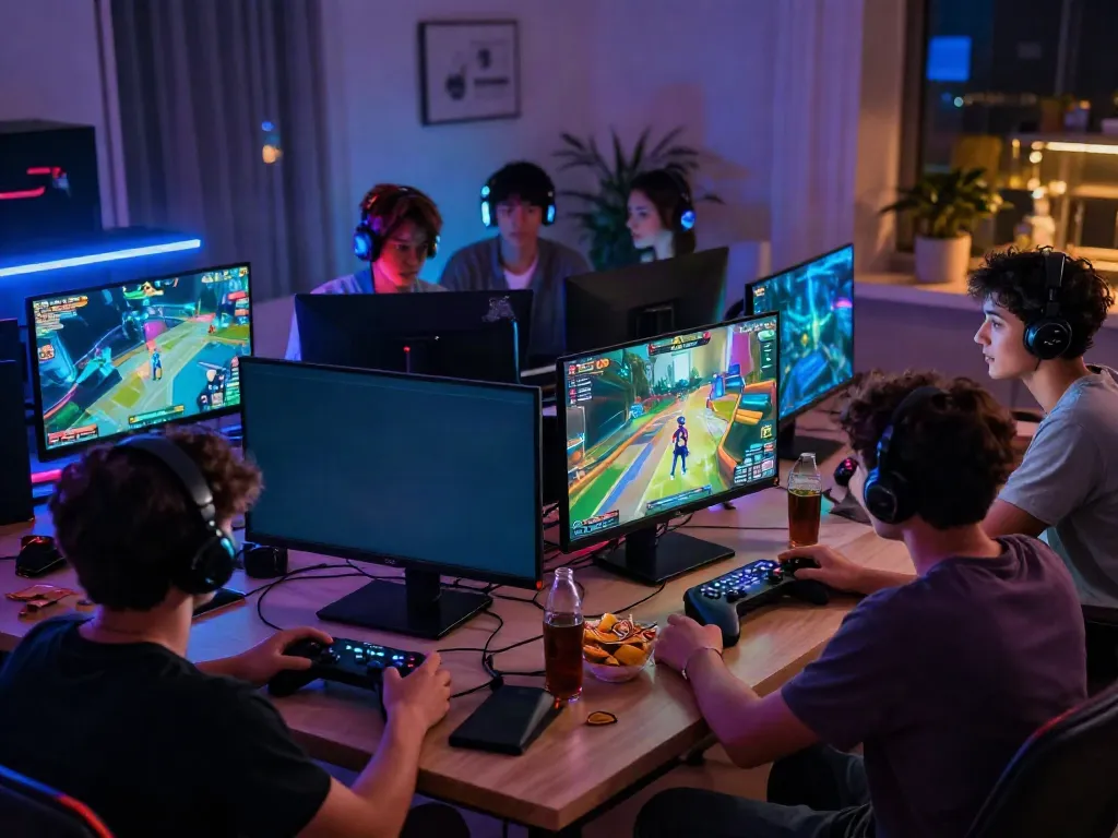 Kilat 404 gaming session with friends enjoying intense multiplayer gaming experience at night.