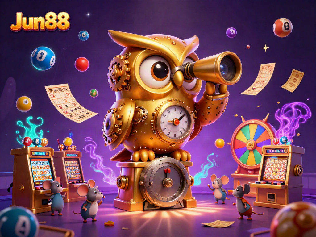 Experience Jun88's vibrant casino atmosphere with golden owl, lively mice, and lottery excitement.
