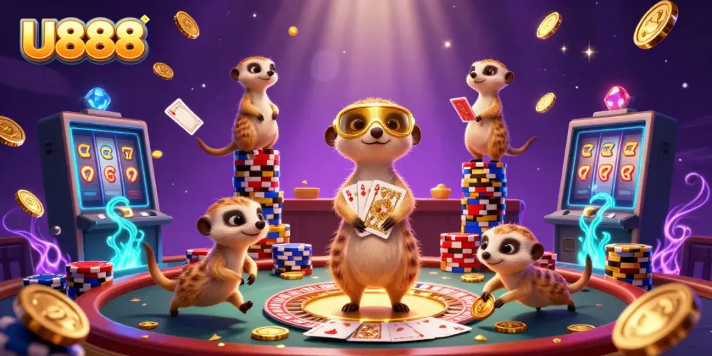 Experience the thrilling excitement of U888 with meerkats managing an elaborate casino.