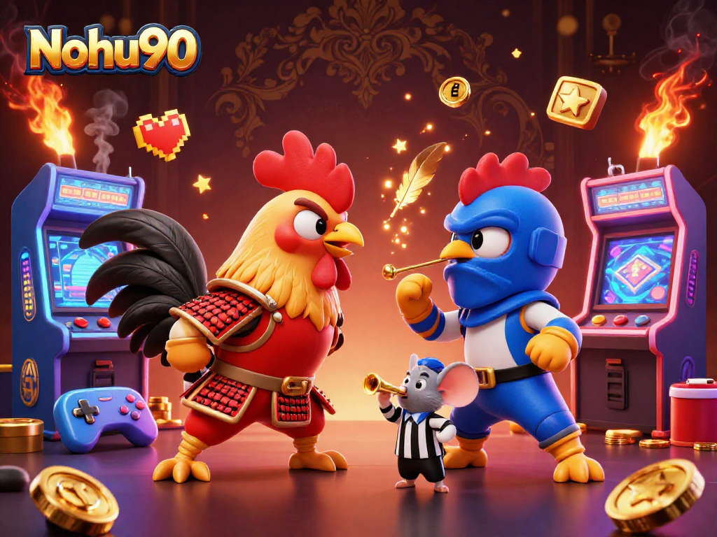 Nohu90 features a dynamic showdown of fighting roosters in a vibrant casino atmosphere, with arcade machines.