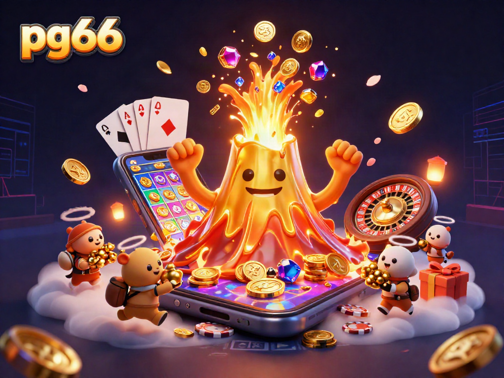 Play exciting games and win at pg66 with a lively illustration of a golden volcano and treasures.