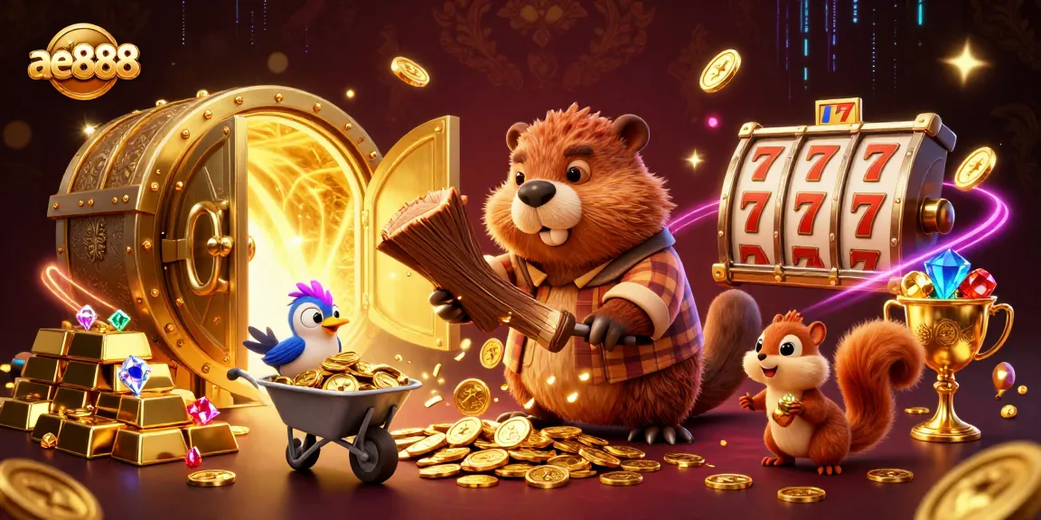 Ae888 showcases a colorful casino scene with cartoon characters collecting coins and treasure, emphasizing gaming excitement.