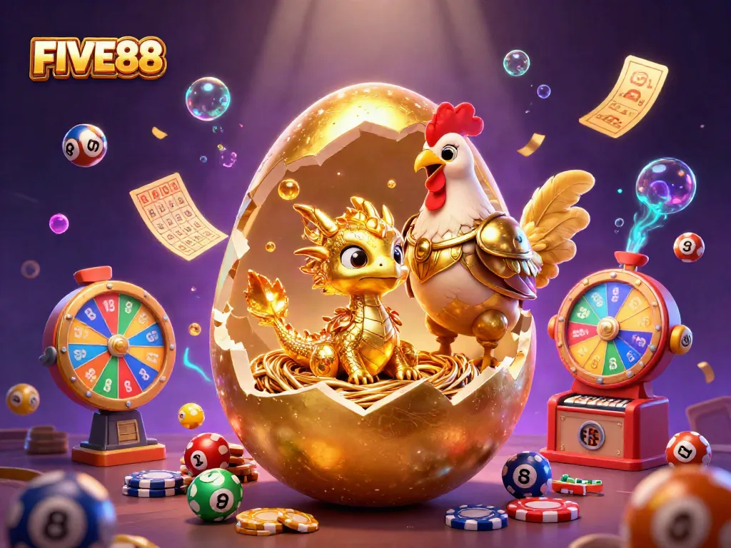 Experience the excitement of FIVE88 with a vibrant 3D depiction of a golden dragon amidst thrilling casino icons and games.