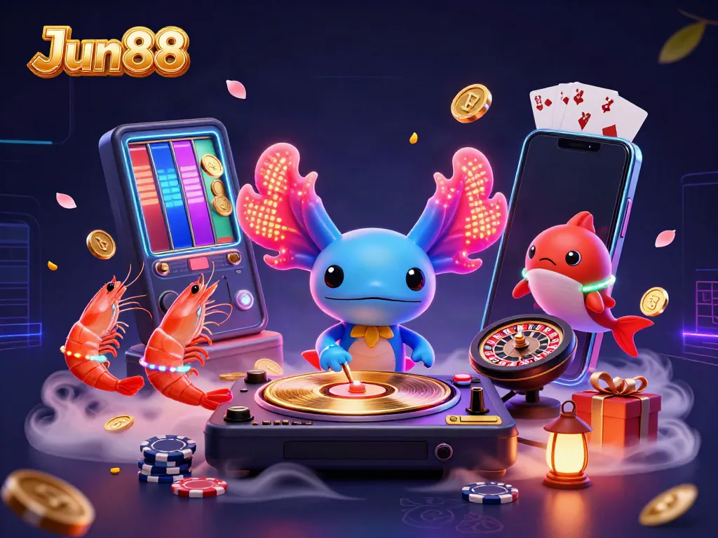 Experience Jun88's vibrant casino atmosphere with a neon axolotl DJ and energetic creatures.