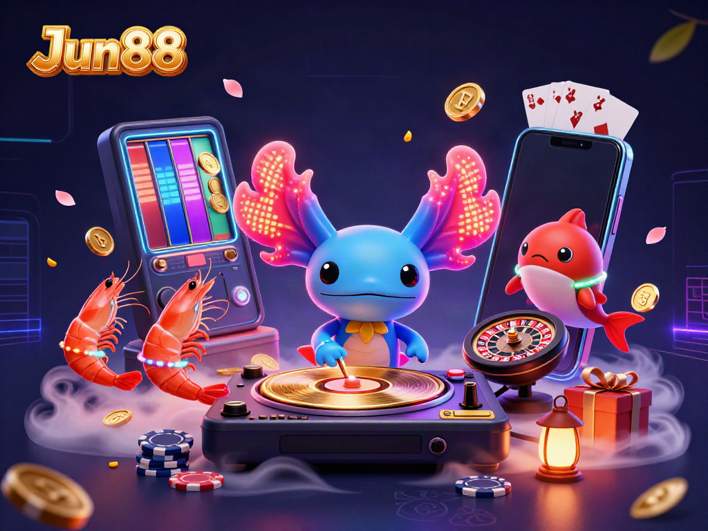 Experience Jun88's vibrant casino atmosphere with a neon axolotl DJ and energetic creatures.