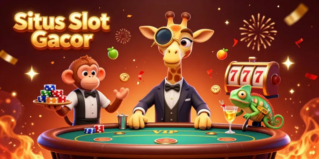Situs Slot Gacor menghiasi kasino dengan jerapah mengenakan jas, monyet pelayan, dan bunglon bartender.
