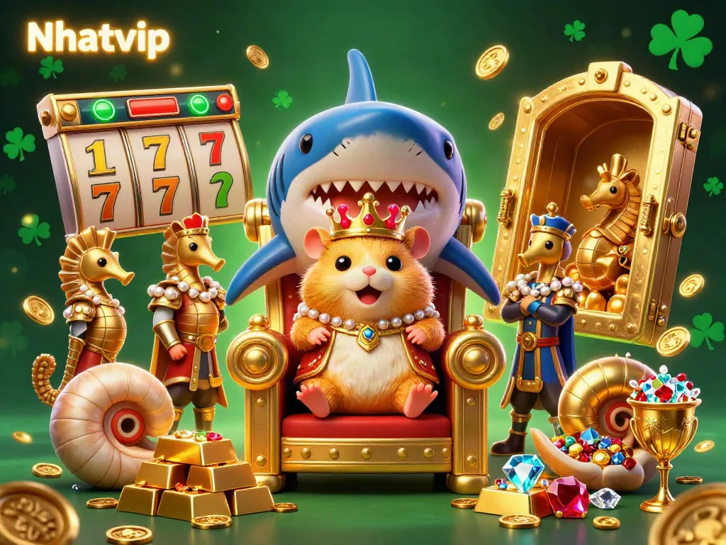 Nhatvip showcases an epic underwater scene with a golden hamster king and treasure amid slot machines.