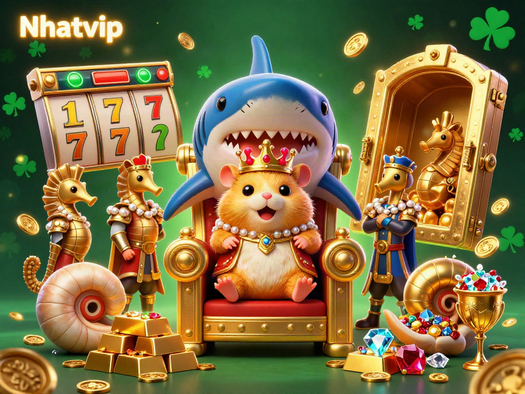 Nhatvip showcases an epic underwater scene with a golden hamster king and treasure amid slot machines.