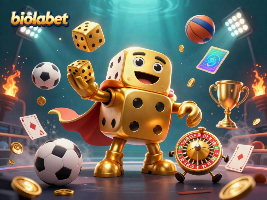 Engage with the vibrant biolabet casino scene featuring dynamic golden dice and energetic sports betting elements.