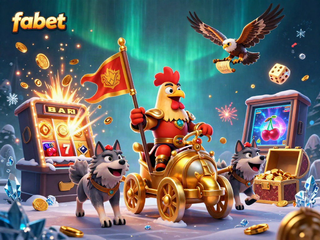 Experience the thrill of fabet with a vibrant 3D scene of a rooster warlord leading a golden chariot, surrounded by casino elements.
