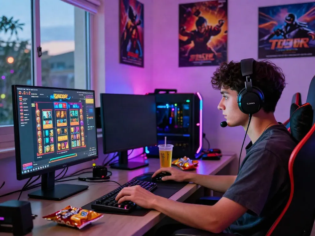 Gamer immersed in a vibrant slot gacor gaming session, colorful LEDs and high-res screen in view.