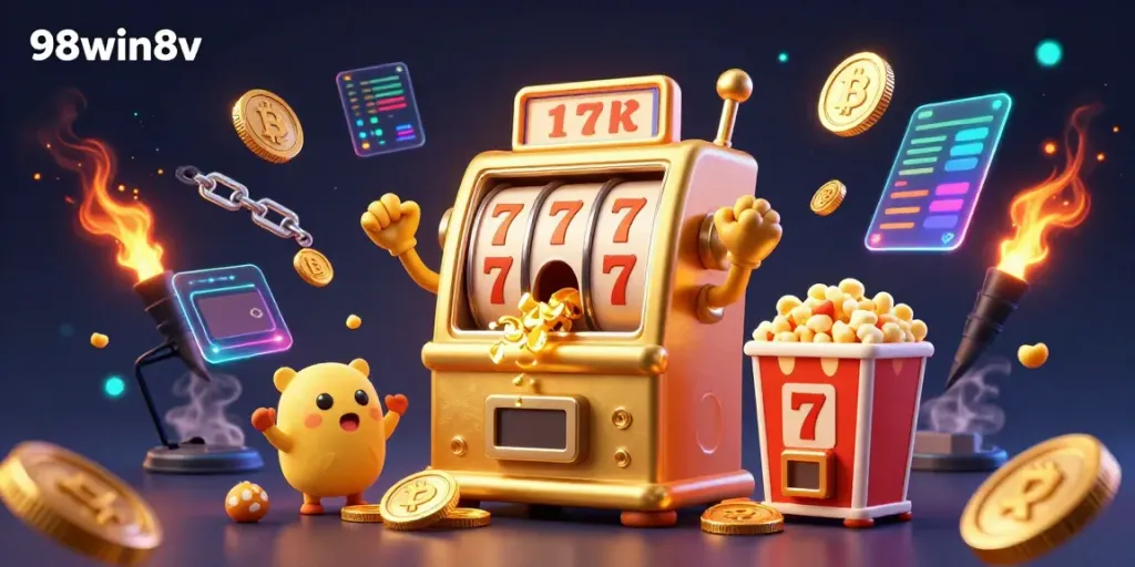 Experience the thrill of 98win8v with a cartoon golden slot machine winning big amidst a vibrant casino scene featuring crypto coins.