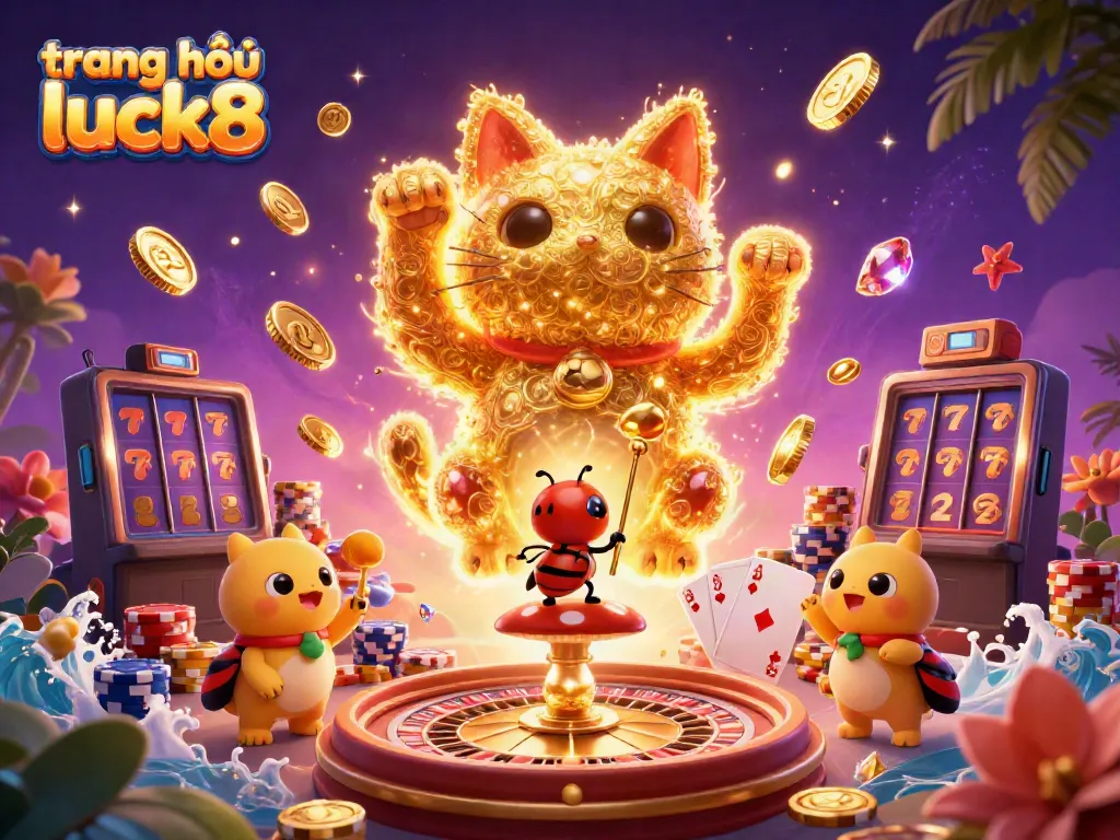 Experience thrills at trang chủ luck8 with a dynamic lucky cat and casino symbols illustration filled with vibrant elements.