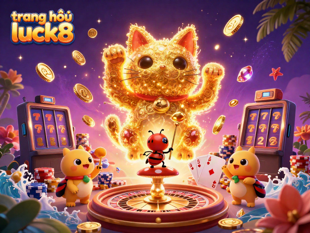 Experience thrills at trang chủ luck8 with a dynamic lucky cat and casino symbols illustration filled with vibrant elements.
