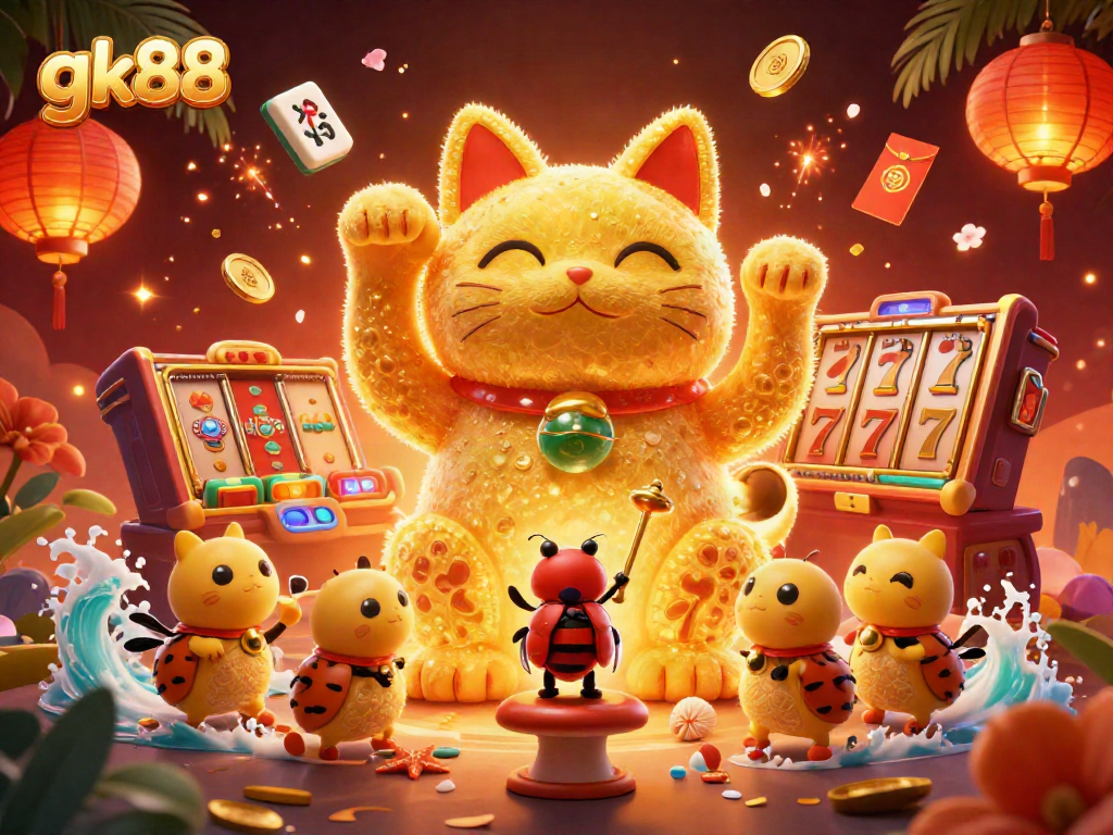 gk88 showcases a vibrant casino scene with a lucky cat and dynamic gaming symbols.