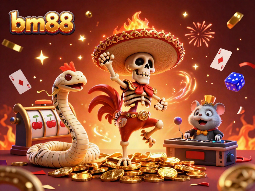 Experience the thrilling celebration of bm88 as a mariachi rooster, mummy snake, and DJ hamster animate the casino floor.
