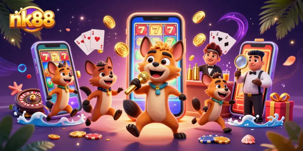 Engage in exciting games at nk88 with hyenas running a comedy casino and vibrant slot visuals.